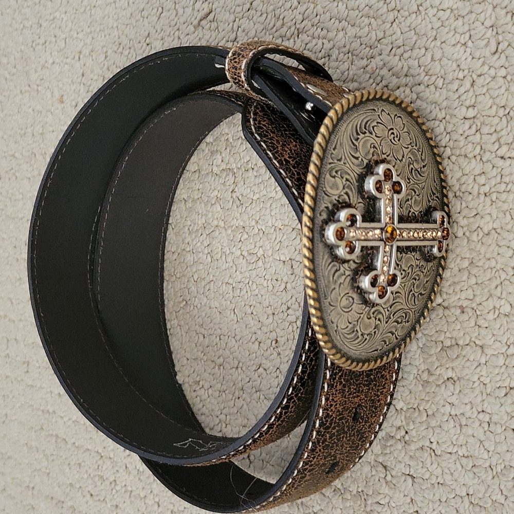 Nocona Ladies Floral Cross Buckle Dark Brown Distressed Leather Belt